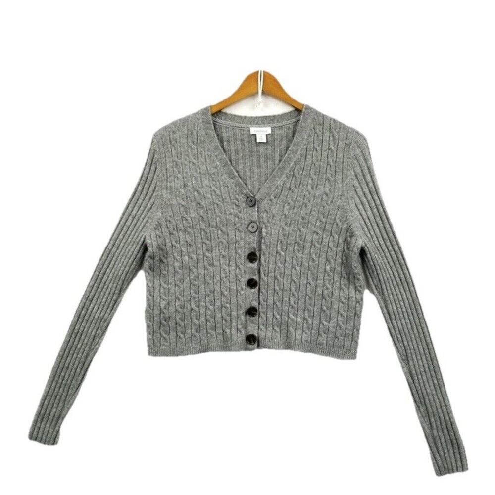 Sundance Cardigan Women SMALL Gray Cropped Cable Knit Long Sleeve Button Sweater
